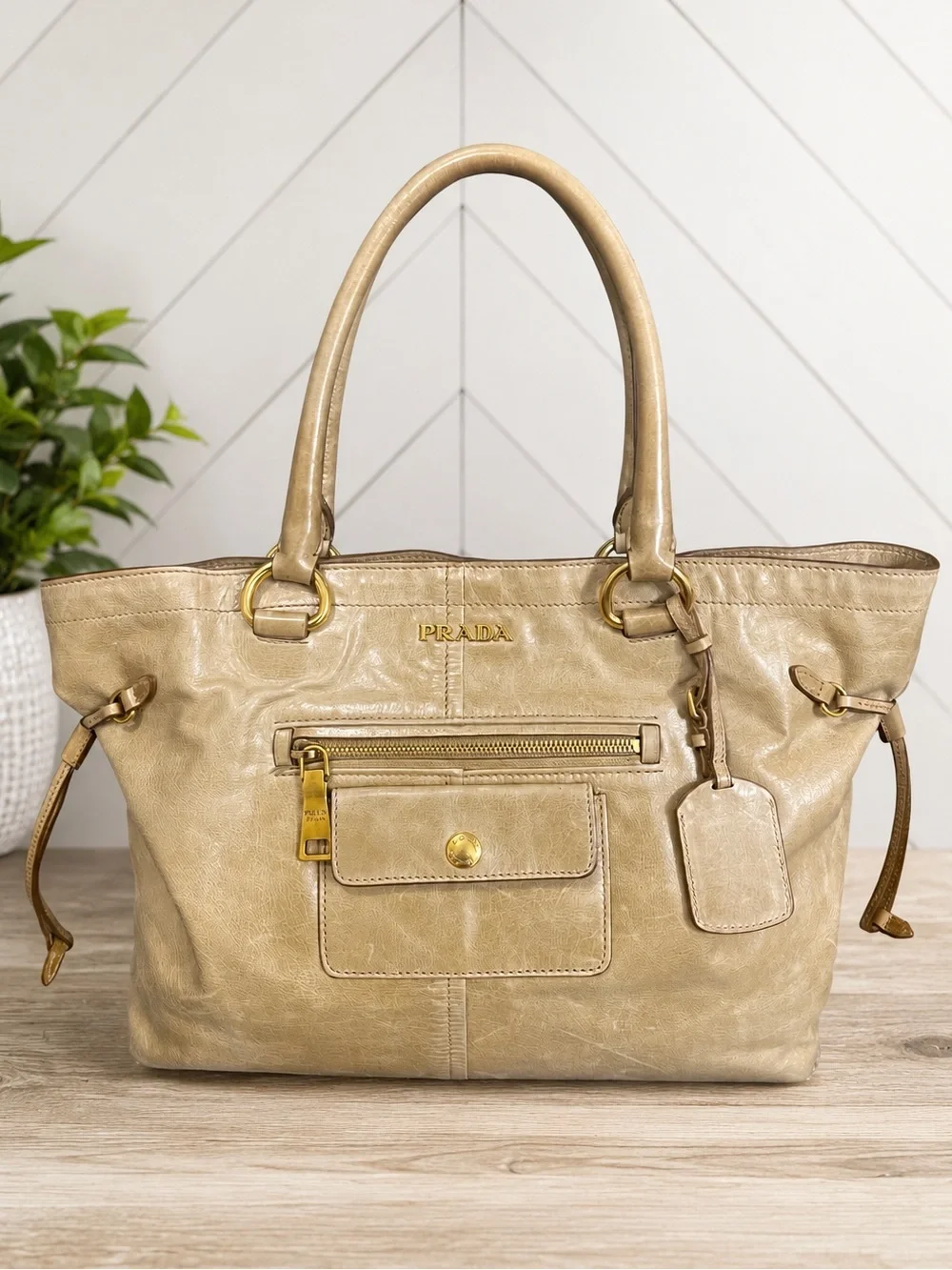 Prada Vitello Shine Distressed Leather Tote Handbag